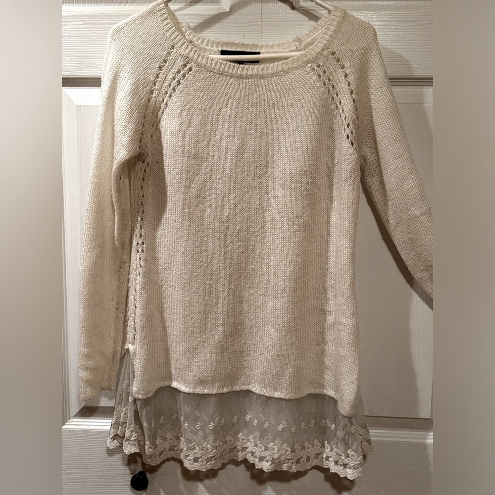 Elegant Cream Sweater with Lace Hem